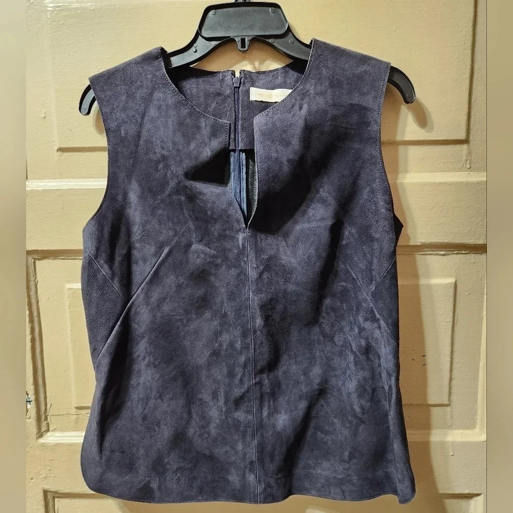 Tory Burch Navy Blue V-Neck Zip Back Sleeveless Leather Vest Blouse